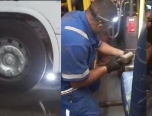 Mulher obesa fica presa em catraca e ônibus precisa ser desmontado para retirá-la; veja vídeo