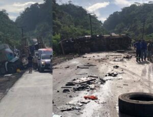 Motorista de carreta perde controle e sofre grave acidente na BR-174; veja vídeo