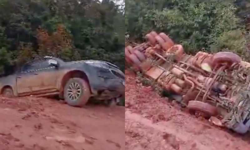 Acidente na BR-319: picape e caminhão-caçamba capotam em lamaçal da estrada; veja vídeo