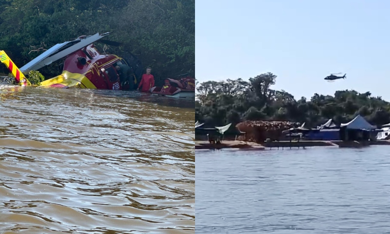 Desesperador: helicóptero dos Bombeiros cai às margens do Rio Araguaia; veja vídeo