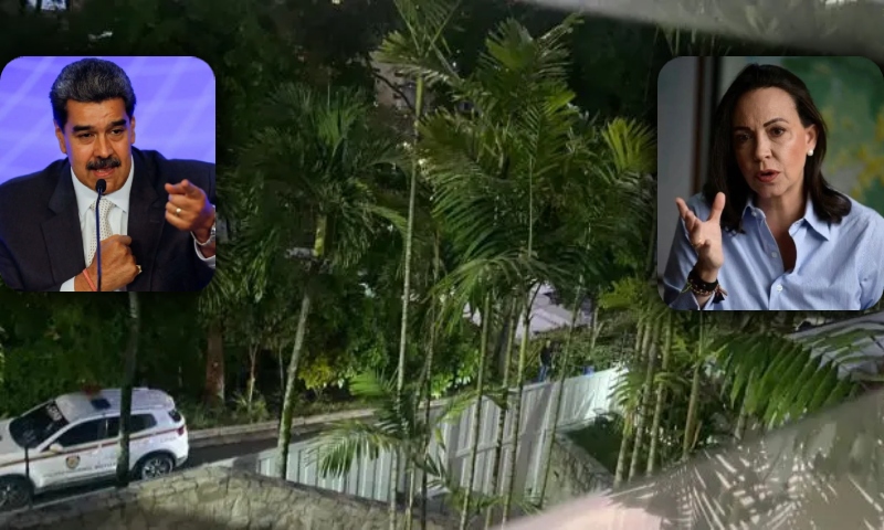 Maduro coloca capangas para cercarem María Corina na embaixada da Argentina na Venezuela; veja vídeo