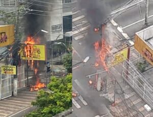 Fiação em poste sofre curto-circuito e Dodó Veículos pega fogo em Manaus; veja vídeo