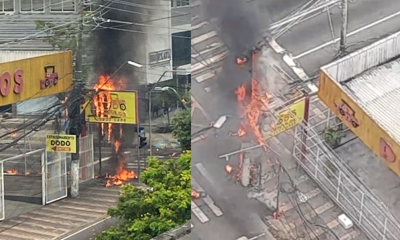 Fiação em poste sofre curto-circuito e Dodó Veículos pega fogo em Manaus; veja vídeo