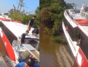 Susto grande: lancha a caminho de Manaus encalha em barranco no rio Solimões; veja vídeo