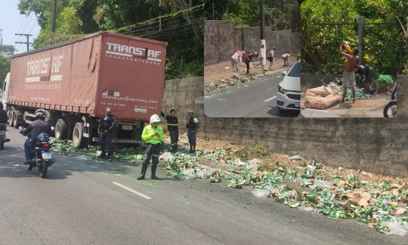 População rouba cervejas Heineken que caíram de caminhão na avenida Rodrigo Otávio; veja vídeo