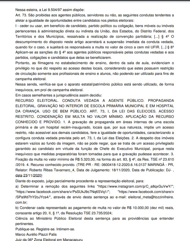 Justiça Eleitoral multa prefeito de Manacapuru e candidatos por propaganda irregular
