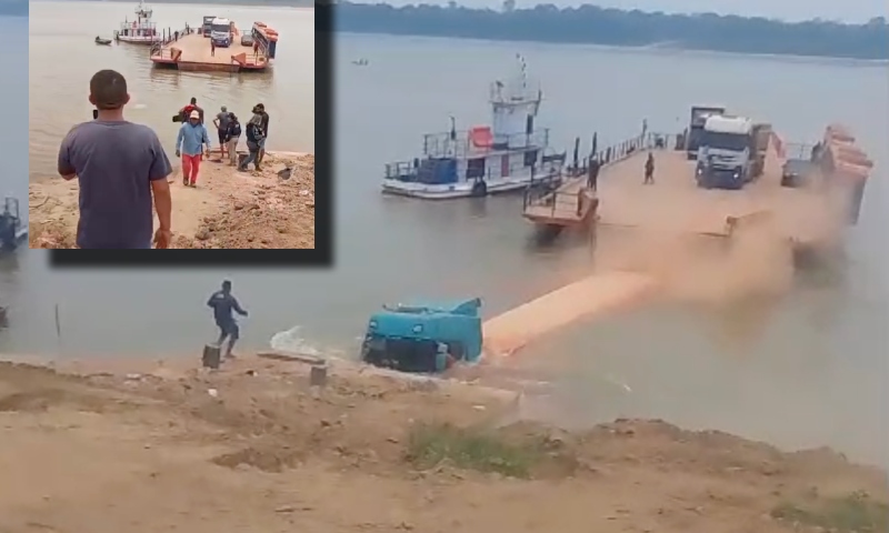 Caminhão despenca de balsa e causa pânico em Humaitá; veja vídeos