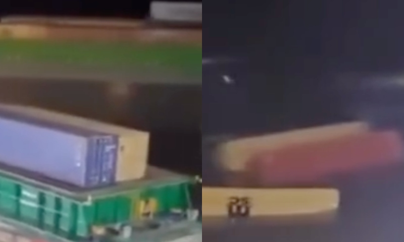 Contêineres caem de balsa do Porto Chibatão em Itacoatiara e trabalhadores ficam desesperados; veja vídeo