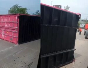 Contêiner se desprende de carreta e deixa trânsito caótico na Bola da Suframa; veja vídeo