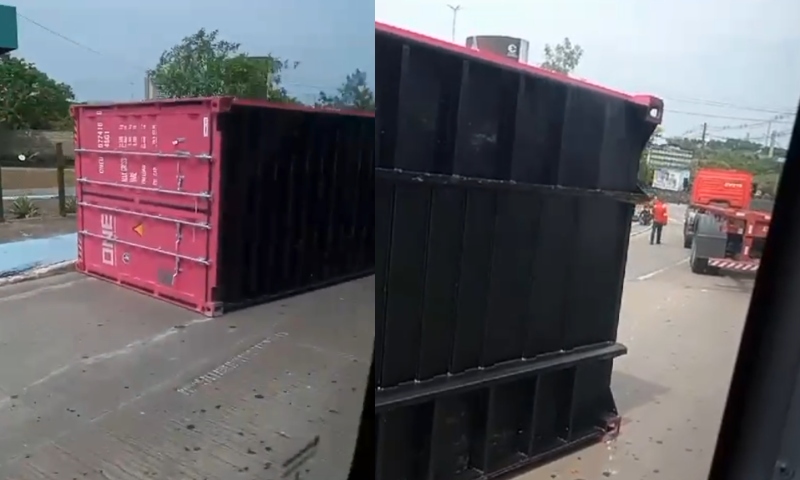 Contêiner se desprende de carreta e deixa trânsito caótico na Bola da Suframa; veja vídeo