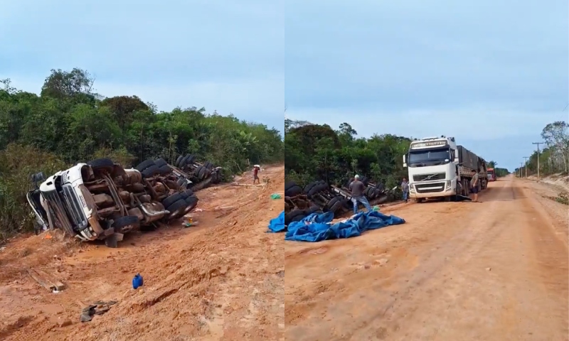 Carreta tomba na BR-319 em meio a condições precárias da estrada; veja vídeo