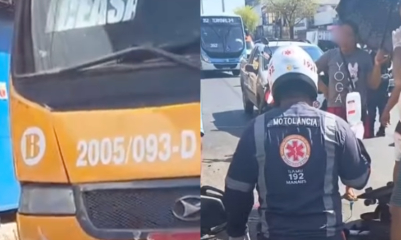 Motoqueiro vai parar debaixo de micro-ônibus ‘amarelinho’ durante ac1dente em Manaus; veja vídeo