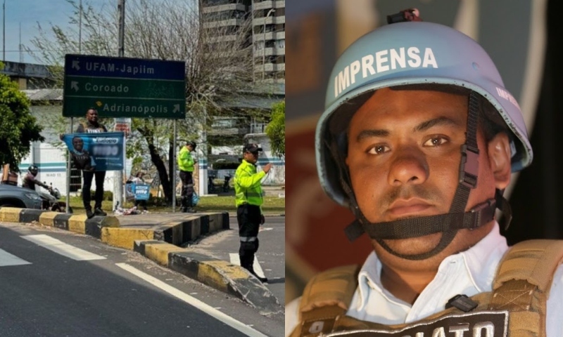 Na luta: repórter Eudogio aparece sozinho segurando bandeira de campanha na Bola do Coroado