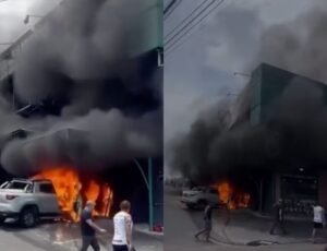 Urgente: carro pega fogo em frente ao Frigorífico Amazonas e causa pânico no Parque 10; veja vídeo