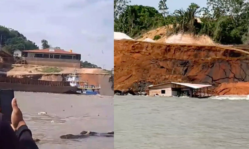 Tragédia: veja momento em que Porto da comunidade Terra Preta desaba em Manacapuru; vídeo