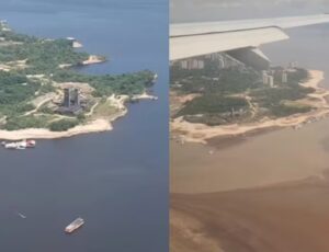 Seca histórica: imagens aéreas mostram Rio Negro antes e depois da estiagem extrema; veja vídeo