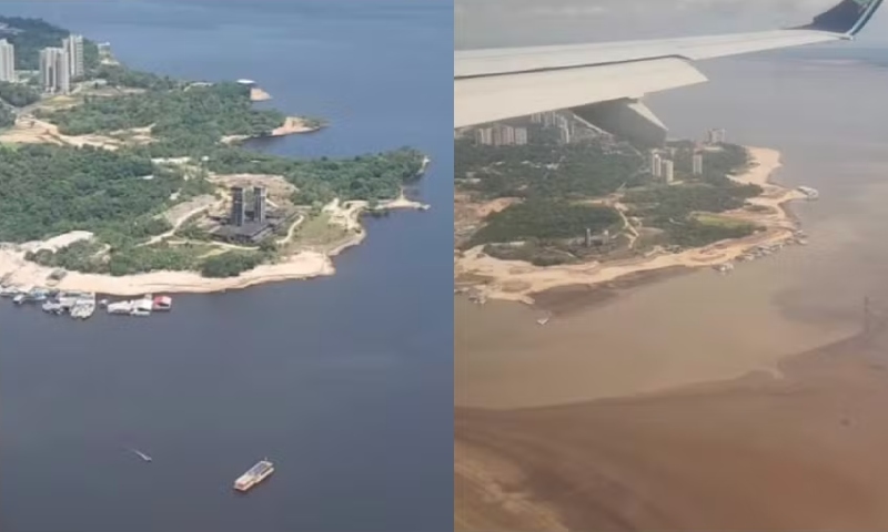 Seca histórica: imagens aéreas mostram Rio Negro antes e depois da estiagem extrema; veja vídeo
