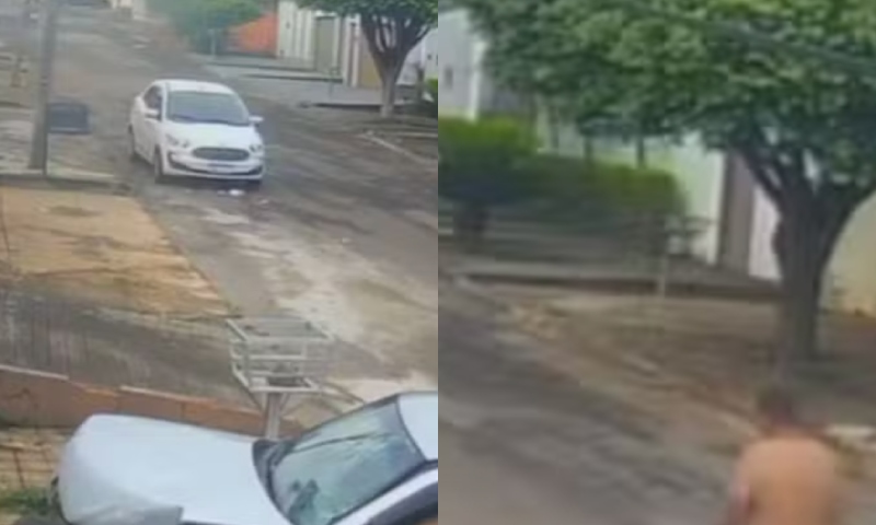 Bandido foge pel4do pela rua após roubar carro e bater contra muro; veja vídeo