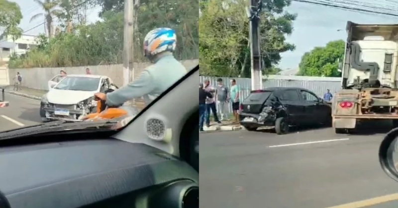 Acidente entre carros e caminhão causa congestionamento no bairro Flores; veja vídeo