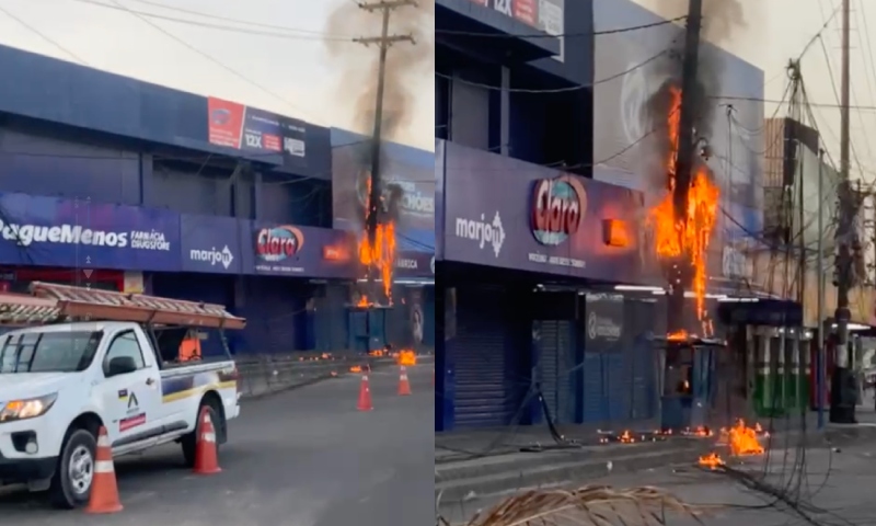 Poste pega fogo e causa pânico na Grande Circular; veja vídeo