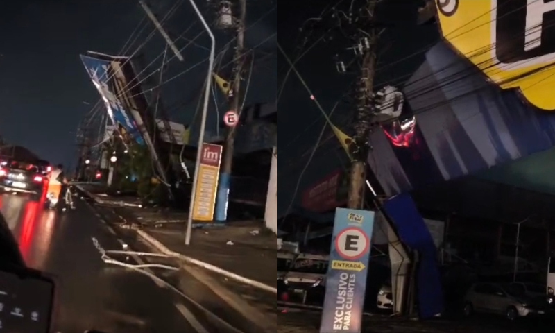 Tempestade com fortes ventos derruba outdoors e deixa bairros sem energia em Manaus; veja vídeo