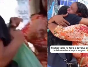 Exemplo de honestidade: mulher volta e devolve dinheiro que feirante colocou na sacola sem querer; veja vídeo