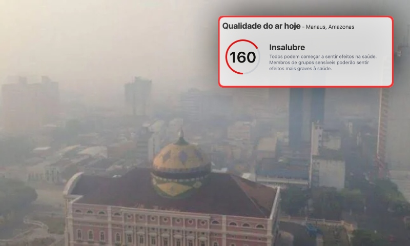 Manaus amanhece coberta por fumaça e qualidade do ar é classificada como ‘insalubre’
