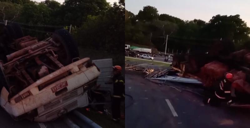 Urgente: motorista de carreta fica preso às ferragens durante acidente no Distrito Industrial; veja vídeos