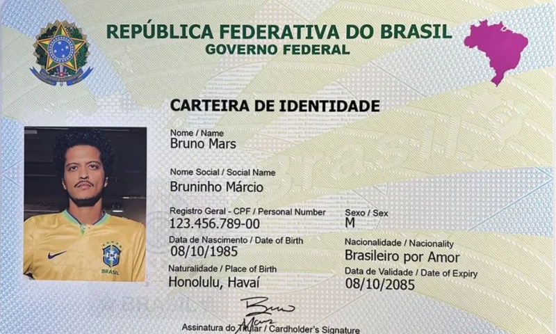 “Brasileiro por amor”: Bruno Mars ganha Carteira de Identidade Nacional gigante em show de BH