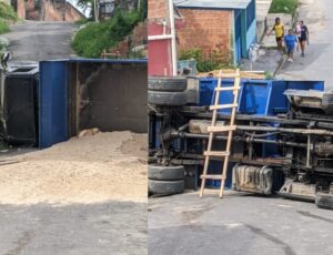 Caçamba tomba no Alfredo Nascimento e deixa rua coberta por areia; veja vídeo