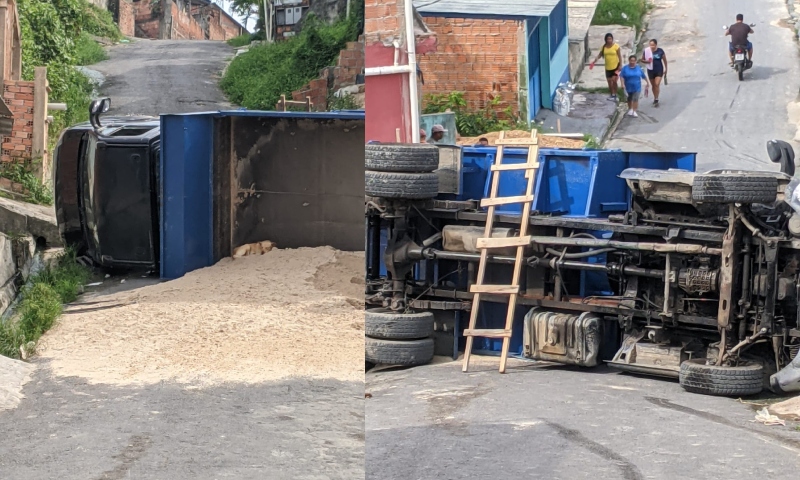 Caçamba tomba no Alfredo Nascimento e deixa rua coberta por areia; veja vídeo