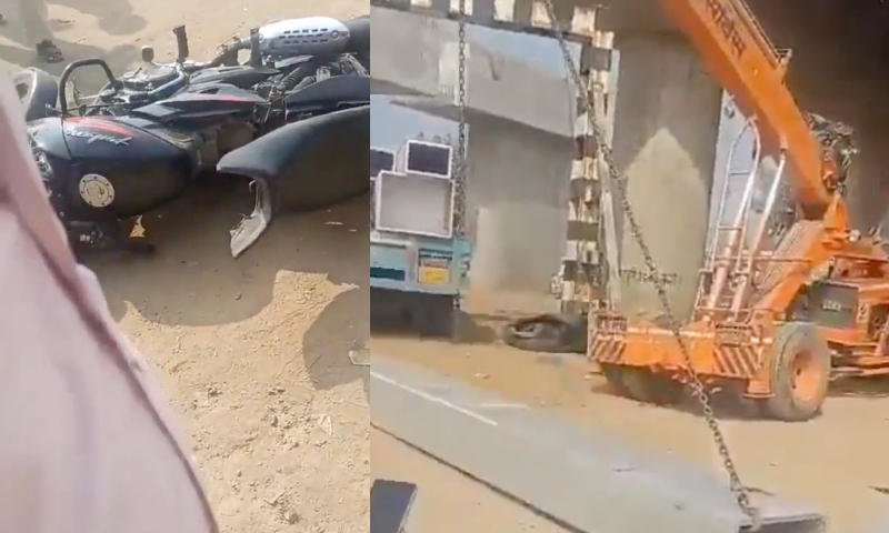 Tragédia: viga de alumínio cai de guindaste e esmaga piloto de moto; veja vídeo