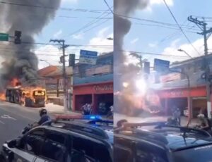 Desesperador: ônibus desgovernado pega fogo e atinge poste de energia; veja vídeo