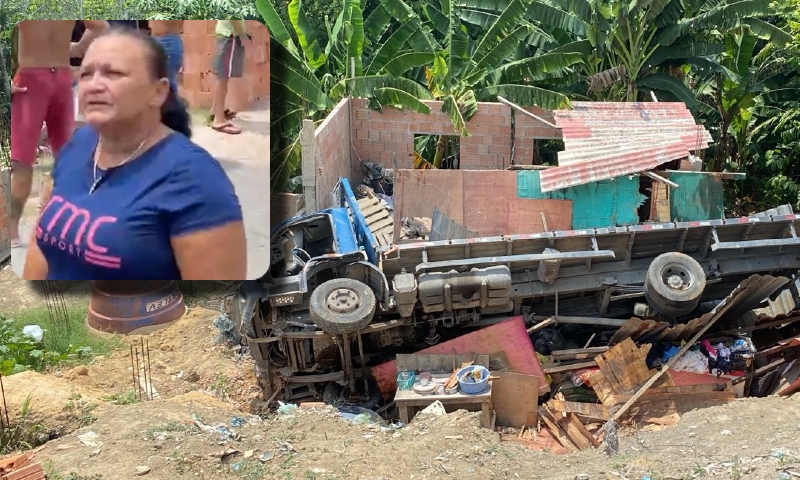 Dona de casa chora ao ver que caminhão atingiu sua residência em Manaus: ‘Não sobrou nada’; veja o vídeo