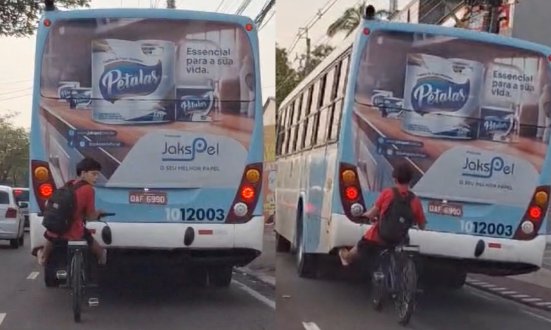 Rolezinho perigoso: ‘amostradinho’ arrisca a própria vida ao ‘pegar carona’ em traseira de ônibus em Manaus; veja vídeo