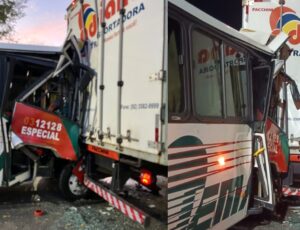 Acidente envolvendo caminhão e Rota na Autaz Mirim deixa ônibus destruído; veja vídeo