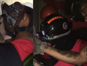 Bombeiros resgatam homem que caiu de laje e ficou preso entre paredes de duas casas no Lírio do Vale; veja vídeo