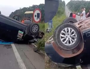 Perigo na estrada: buraco na pista faz táxi capotar na BR-174; veja vídeo