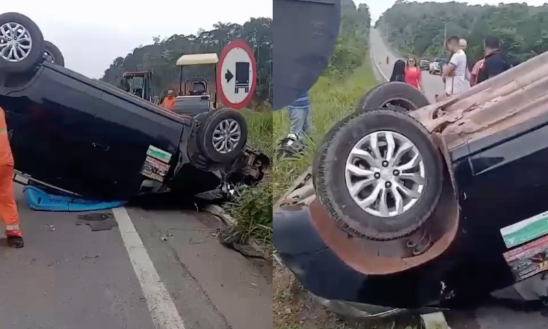 Perigo na estrada: buraco na pista faz táxi capotar na BR-174; veja vídeo