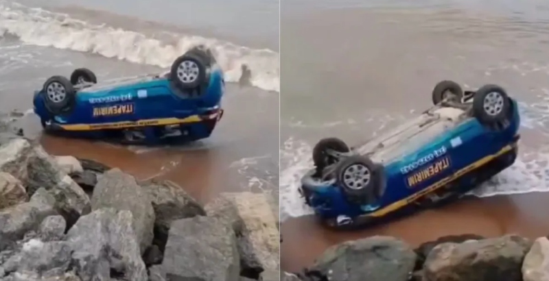 Aluna de autoescola confunde freio com acelerador e vai parar no mar; veja vídeo