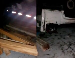 "Meu Deus, o meu sobrinho se acabou!": chora mulher ao ver caçamba capotar na estrada de Novo Airão; veja vídeo