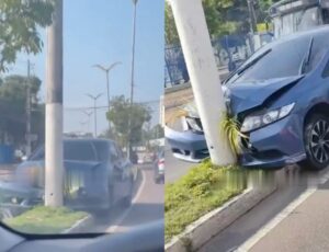Carro perde controle e bate em poste na avenida André Araújo, em Manaus; veja vídeo