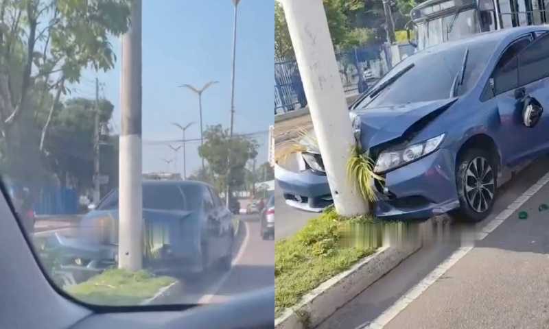Motorista perde controle e carro bate em poste na avenida André Araújo, em Manaus; veja vídeo