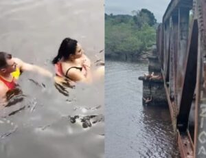 Mulher cai de ponte ao tirar foto e é salva por cadarço amarrado pelo namorado; veja vídeo