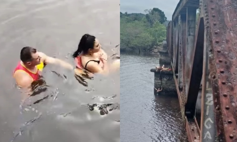 Mulher cai de ponte ao tirar foto e é salva por cadarço amarrado pelo namorado; veja vídeo