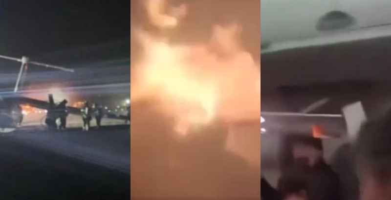 Avião com 77 passageiros pega fogo durante pouso de emergência; veja vídeo