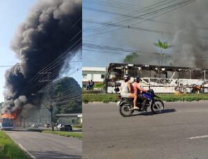 Ônibus pega fogo e fica totalmente destruído na avenida Torquato Tapajós; veja vídeo