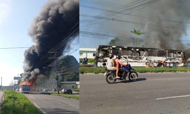 Ônibus pega fogo e fica totalmente destruído na avenida Torquato Tapajós; veja vídeo