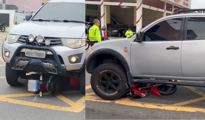 Moto vai parar debaixo de picape no Centro de Manaus; veja