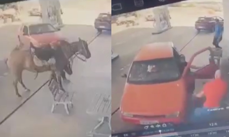 Motorista atropela homem e cavalo em posto de gasolina; veja vídeo